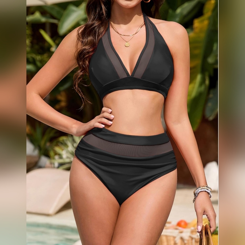 Zaful Mesh High Waisted Bikini Set Sexy V Neck Swimsuit Size Small
